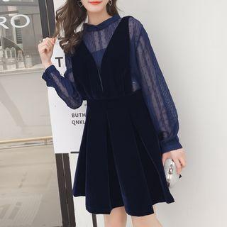 Set: Mesh Long-sleeve Top + Velvet Mini A-line Pinafore Dress