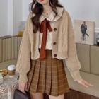 Cable Knit Cardigan / Shirt / Plaid Pleated Skirt