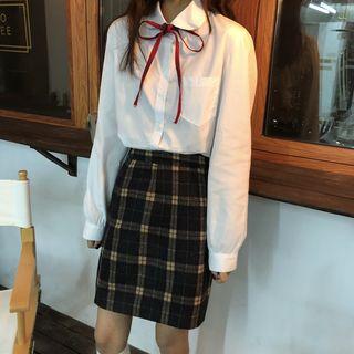 Long-sleeve Bow Accent Shirt / Mini A-line Plaid Skirt / Midi Pleated Skirt