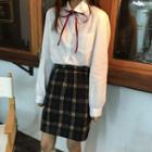 Long-sleeve Bow Accent Shirt / Mini A-line Plaid Skirt / Midi Pleated Skirt