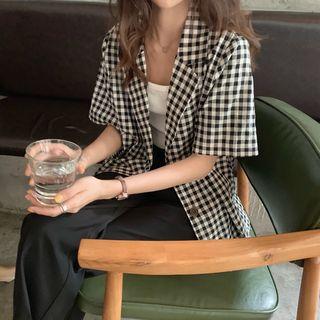 Gingham Short-sleeve Blazer Plaid - Black & White - One Size