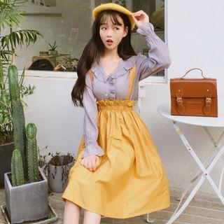 Ruffle Trim Blouse / High Waist Suspender Skirt