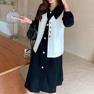 Set: Long-sleeve Collared Dress + Plain Vest