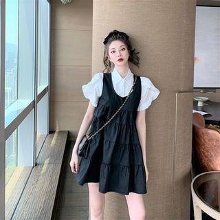 Short-sleeve Ruffled Shirt / Mini A-line Overall Dress / Set