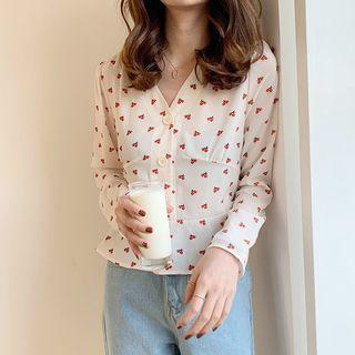 Long-sleeve Cherry Patterned Chiffon Shirt