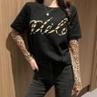 Long-sleeve Leopard Print Paneled T-shirt Black - One Size