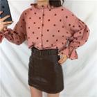 Dotted Blouse / Faux Leather A-line Skirt