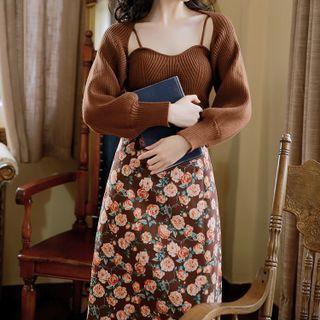 Set: Knit Camisole Top + Shrug + Floral Print Midi A-line Skirt