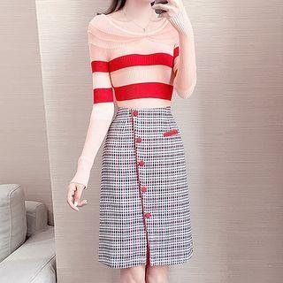 Set: Striped Ribbed Knit Top + Plaid A-line Skirt