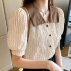 Puff-sleeve Peter Pan-collar Plaid Blouse Almond - One Size