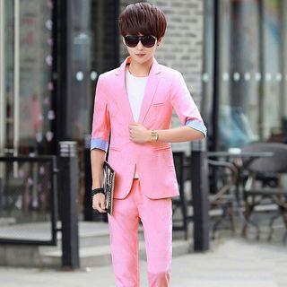 Set: Elbow-sleeve Two-tone Blazer + Cropped Dress Pants
