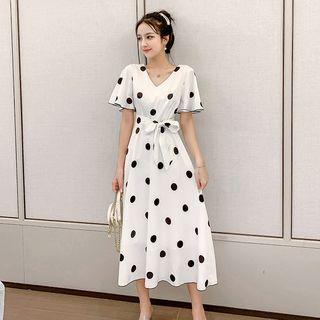 Contrast Trim Polka Dot Drawstring Waist Dress