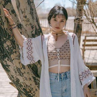 3/4-sleeve Flower Embroidered Long Light Jacket White - One Size