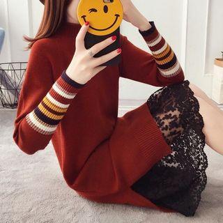 Mock-neck Striped Trim Long-sleeve Knit Dress