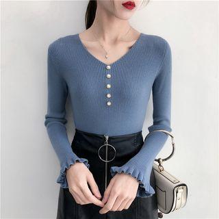 Bell-sleeve Faux-pearl Ruffle-trim Knit Top