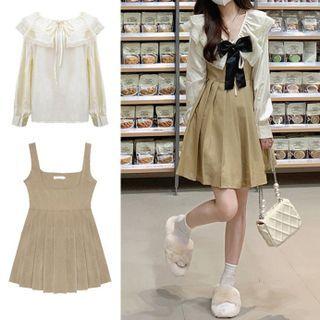 Set: Collar Blouse + Mini A-line Overall Dress