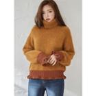 Turtleneck Frill-hem Wool Blend Sweater