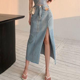 High-waist Side-slit Denim Skirt