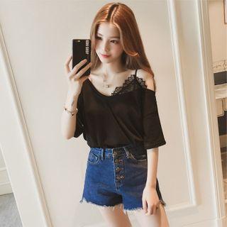 Cold-shoulder Lace Trim Short-sleeve Top