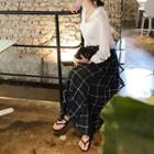 Godet A-line Long Plaid Skirt Navy Blue - One Size