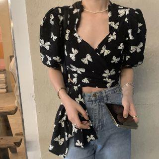 Short-sleeve Bow Print Tie-waist Crop Top