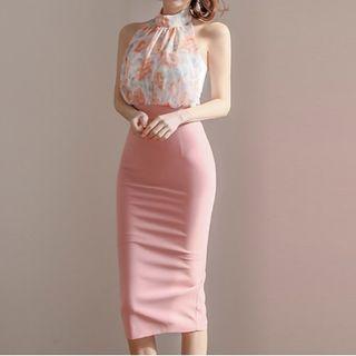 Set: Flower Print Halter-neck Blouse + Midi Pencil Skirt
