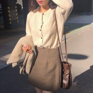 Plain Knit Cardigan / High-waist Mini A-line Skirt
