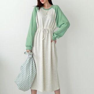 Contrast-raglan Drawstring Long Dress