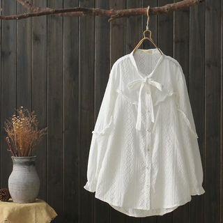 Long Sleeve Tie-neck Lace Top White - One Size