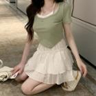 Short-sleeve Halter-neck Mock Two-piece T-shirt / High-waist Plain Tiered Skirt