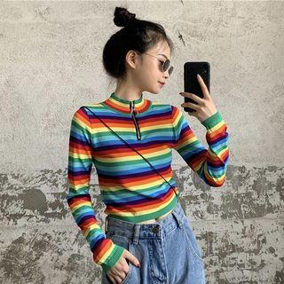 Long-sleeve Mock-neck Striped Knit Top Rainbow - One Size