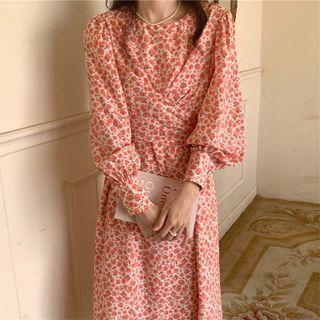 Long-sleeve Floral Print Midi Dress Pink Rose - Pale Pink - One Size