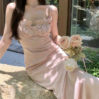 Strappy Ruffle Trim Midi Sheath Dress