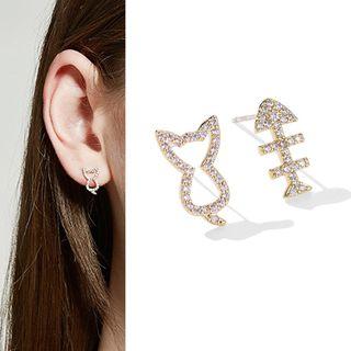 Non-matching Alloy Cat & Fish Bone Earring 1 Pair - Earrings - One Size