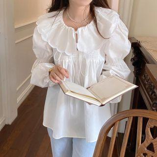 Long-sleeve Ruffle Trim Drawstring Blouse White - One Size