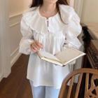 Long-sleeve Ruffle Trim Drawstring Blouse White - One Size