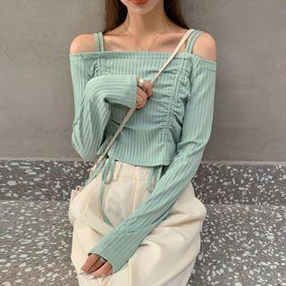 Long-sleeve Cold Shoulder Ruched Crop Top