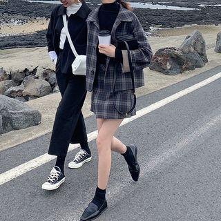 Plaid Single-breasted Coat / Mini A-line Skort / Wide Leg Pants
