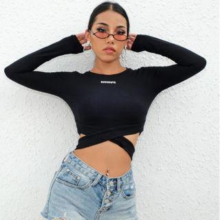 Lettering Crisscross Long-sleeve Cropped Top