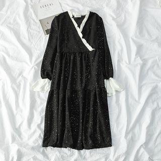 Contrast Trim V-neck Glittered A-line Dress
