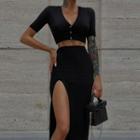 Set: Short-sleeve Button-up Crop Top + Slit Midi A-line Skirt
