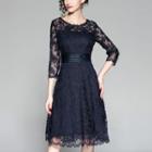 3/4-sleeve Floral Embroidered Cocktail Dress