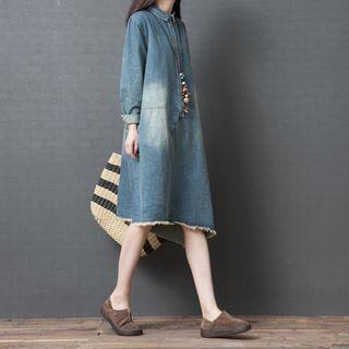 Long-sleeve Washed Midi A-line Denim Shirtdress