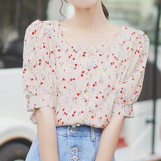 Short-sleeve Square Neck Floral Print Blouse
