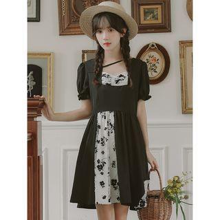 Short-sleeve Square-neck Floral Panel A-line Dress