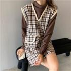 Semi High-neck Long-sleeve Shirt + Tank Top Plaid Short Dress + Handbag