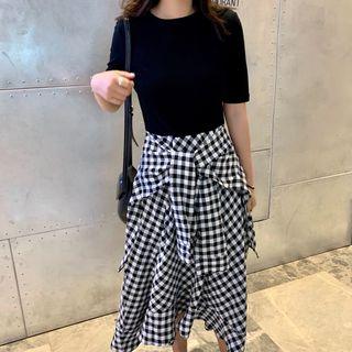 Mock-two Check Short-sleeve Dress As Figure - One Size