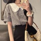 Short-sleeve Double Breasted Gingham Blouse Plaid - Black & White - One Size