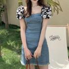 Puff-sleeve Floral Print Panel A-line Denim Dress