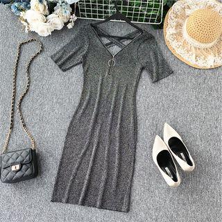 Zip-front Short-sleeve Dress Gray - One Size